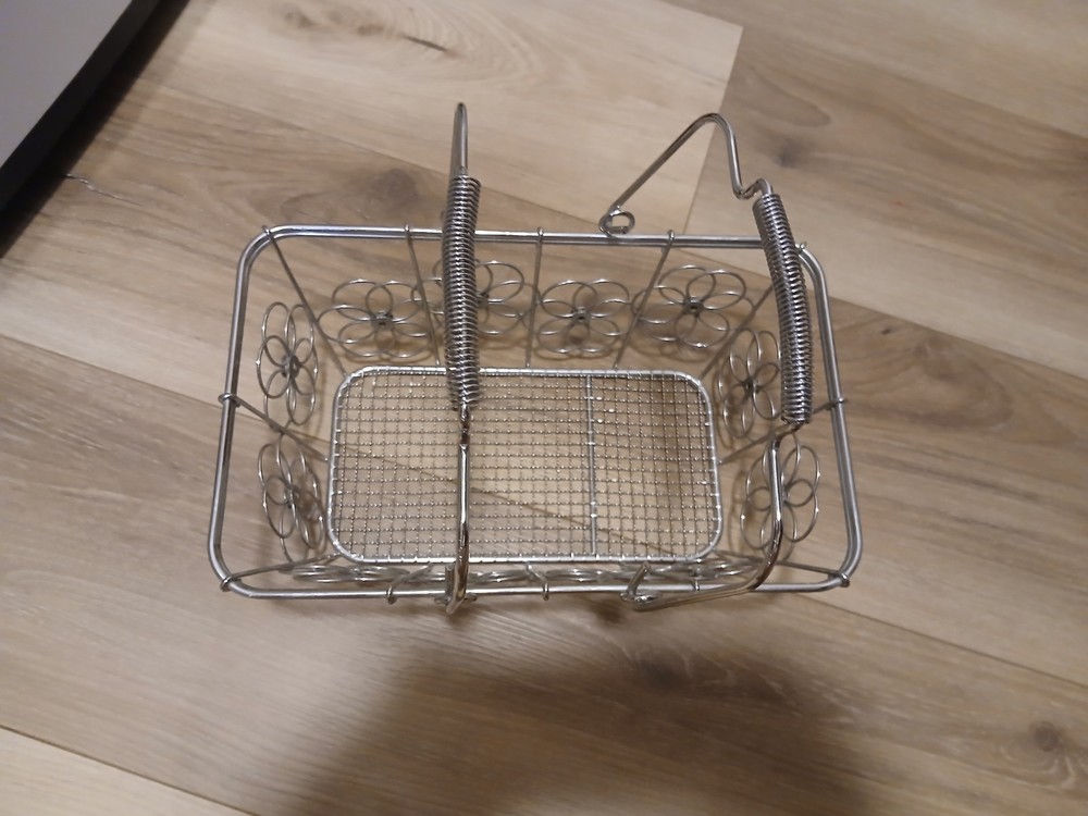 Rectangular Silver Metal Wire Basket with Handles Floral Design