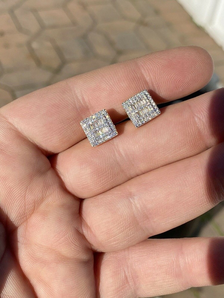 14k Gold Plated Solid Sterling Silver CZ Baguette Earrings Studs 10mm Square