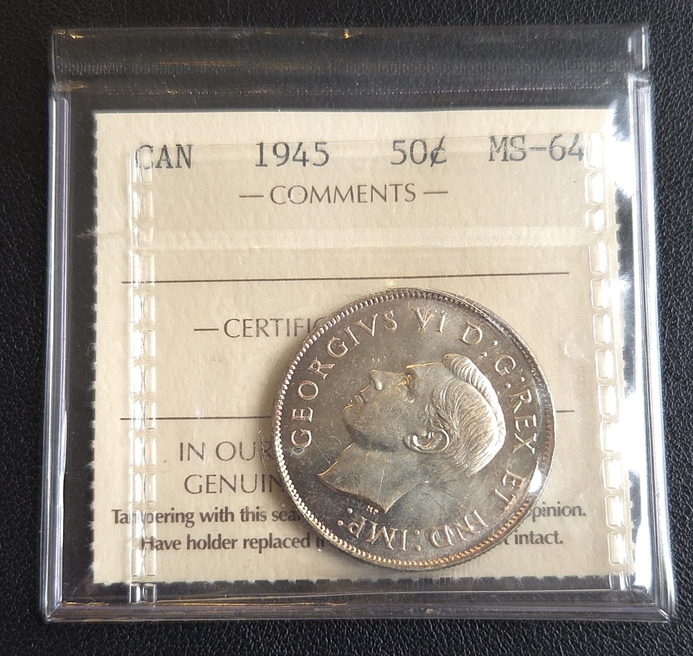 1945 Canada Silver 50-Cent Half Dollar ***ICCS Graded MS-64*** Book Value $250