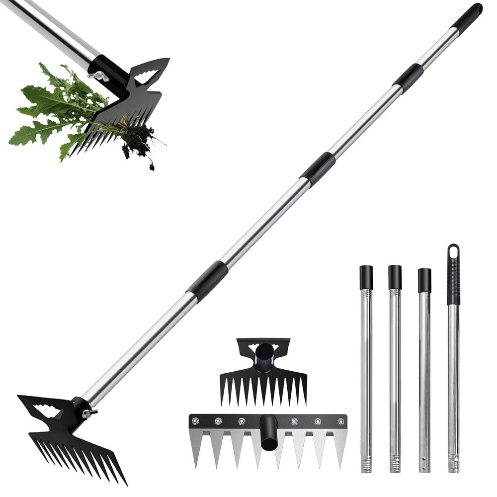 60" Long Handle Weed Puller Tool - 3-in-1 Heavy Duty Weeding Rake & 2 Heads for