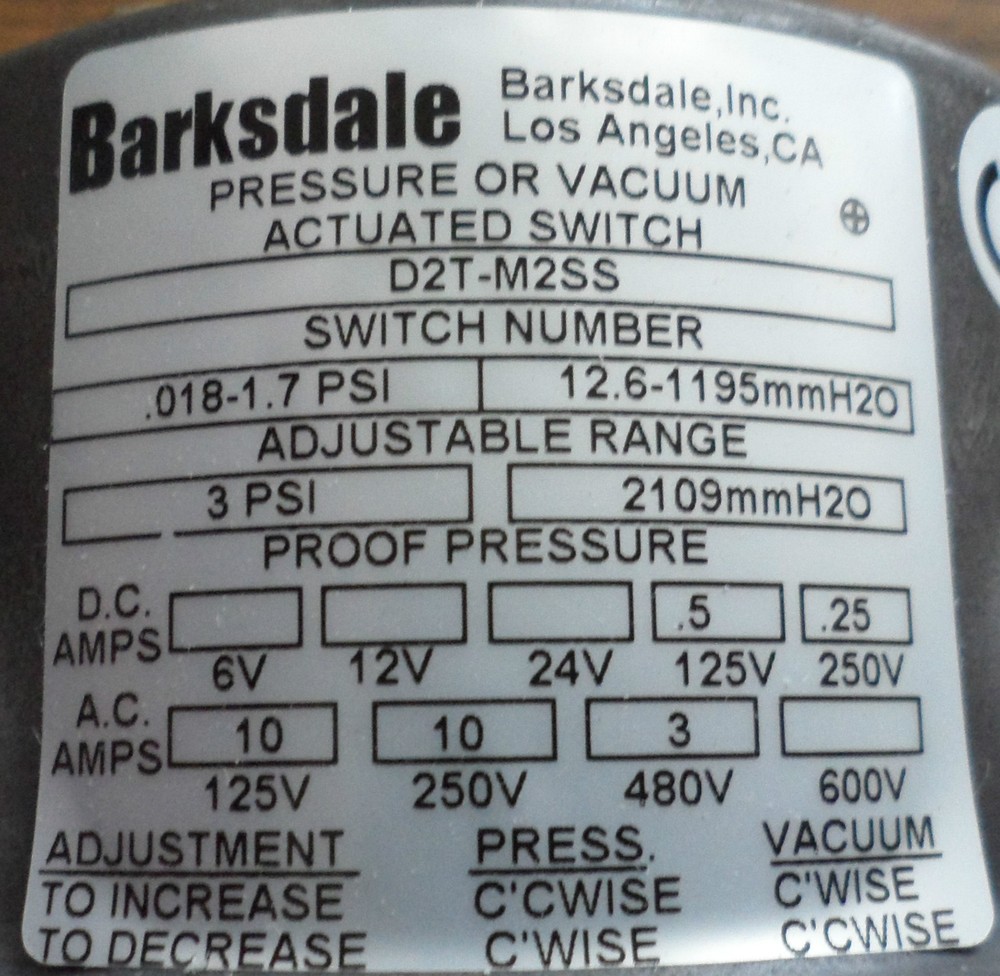 BARKSDALE PRESSURE ACTUATED SWITCH PART NUMBER D2T-M2SS