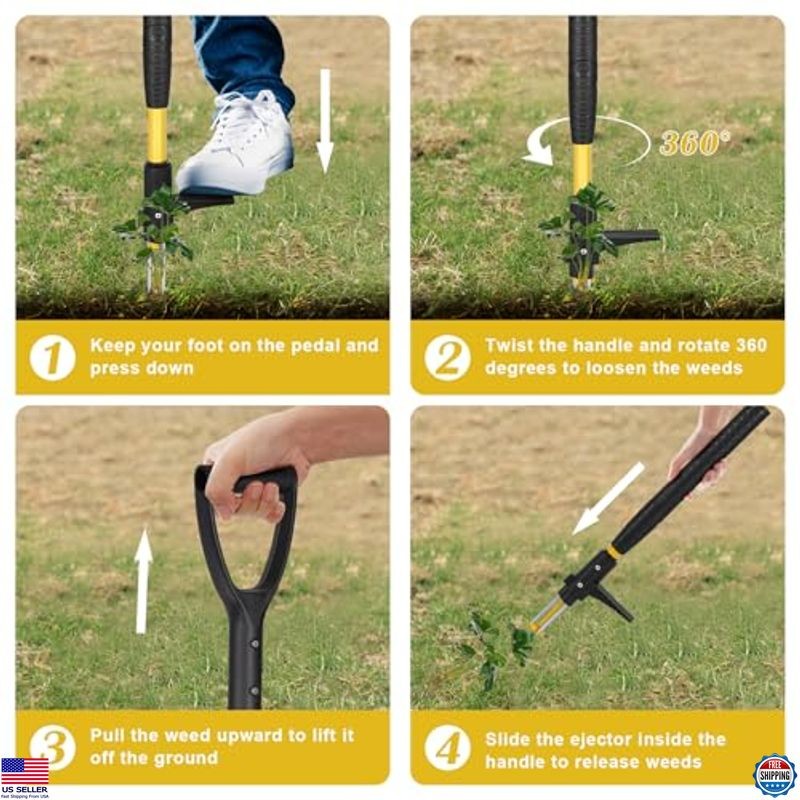 39" Heavy Duty Stand Up Weed Puller Tool - Ergonomic 3-Claw Weeder