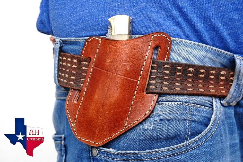 Brown LEATHER ENGRAVED PANCAKE Folding Blade Knife Belt Sheath Folding Tool Case