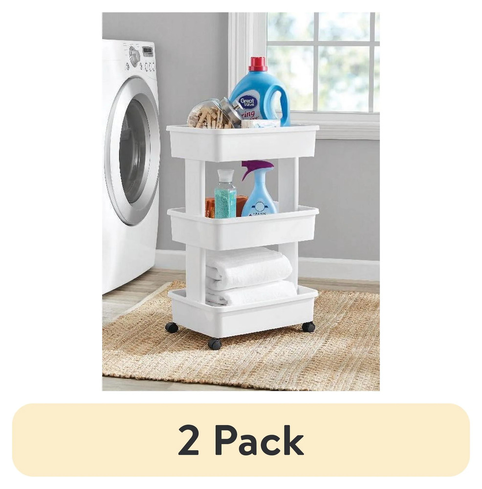 (2 Pack)  3-Tier Plastic Rolling Laundry Cart, Arctic White
