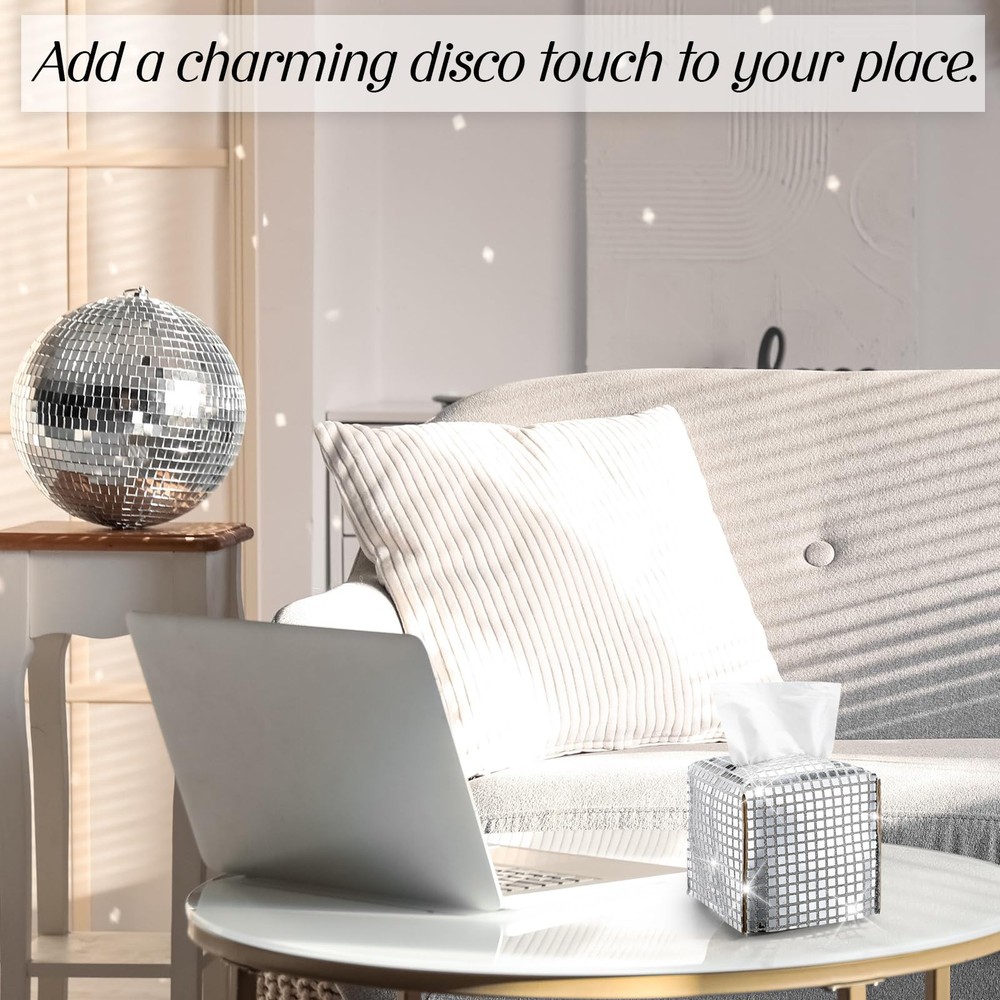 Disco Ball Tissue Box Cover Glitter Silver Square Rectangular Bling Paper Hol...