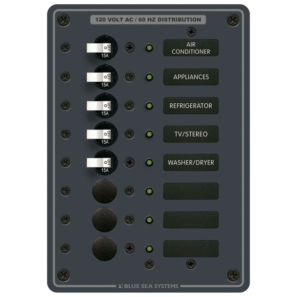 Blue Sea 8059 Power Distribution Panel 120V AC 8 Pos Marine Breakers Backlit