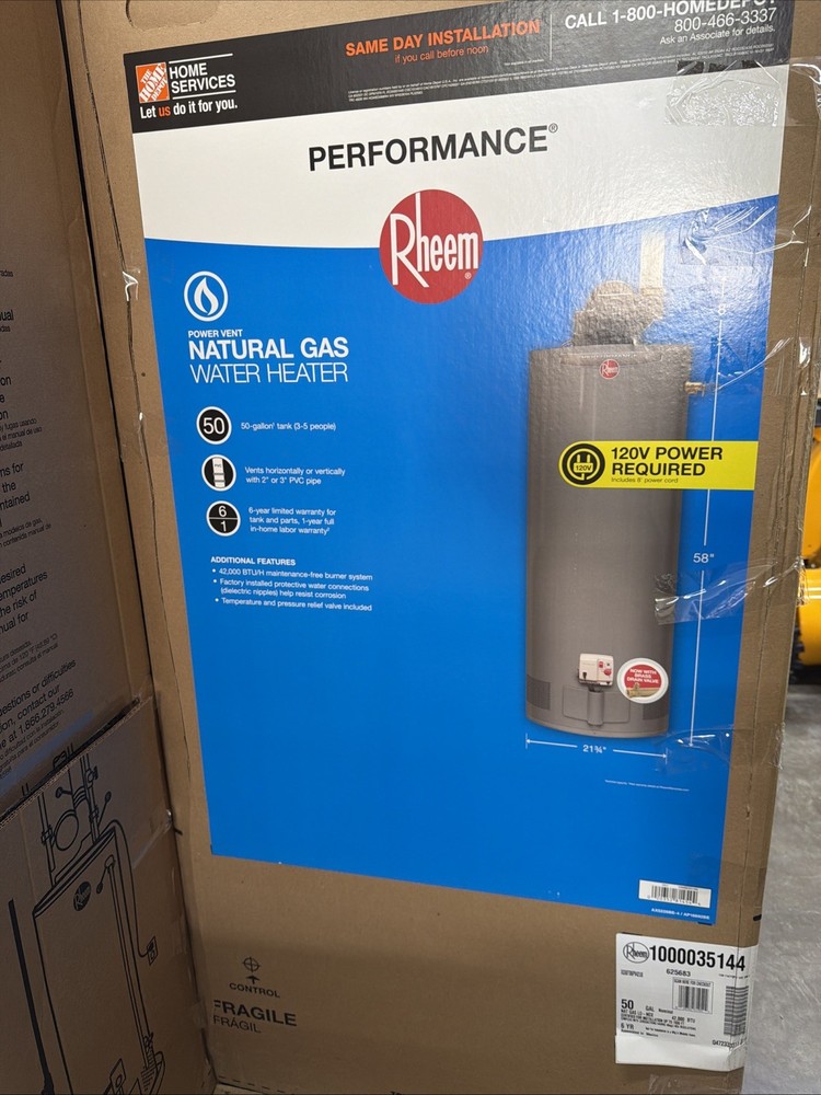 Rheem Natural Gas Vent Tall Water Heater 50 Gal, 42,000 BTU XG50T06PV42U0