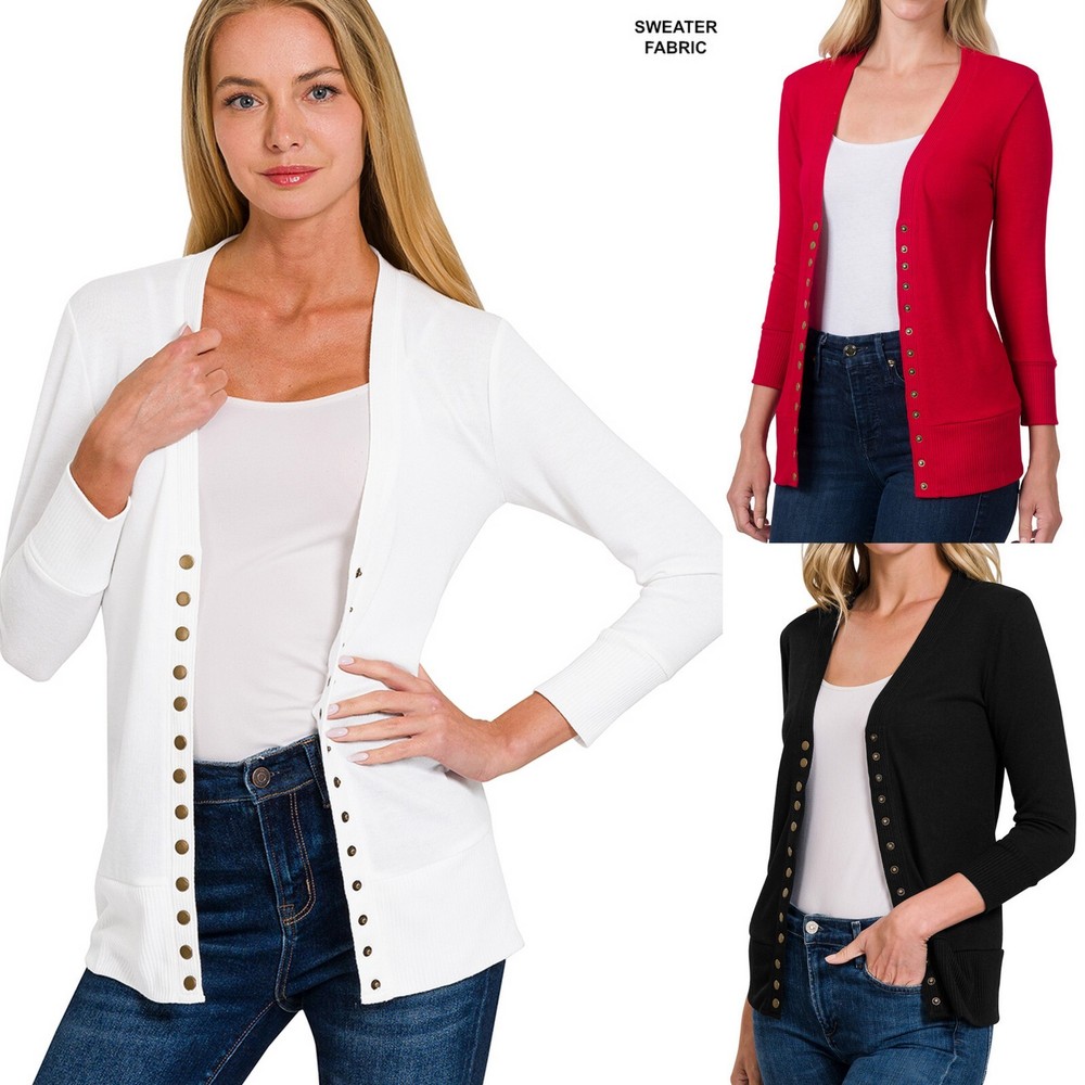 Women's 3/4 Sleeve Snap Button Front Ribbed Detail V Neck Sweater Cardigan