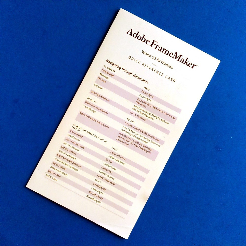Adobe FrameMaker Version 5.5 Quick Reference Card Shortcut Guide for Windows