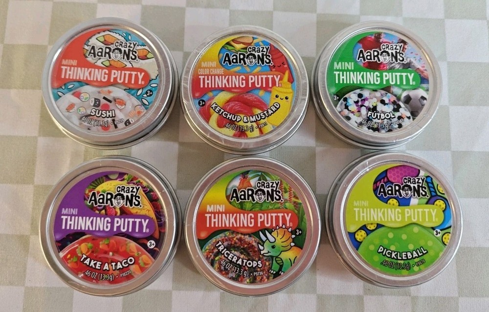 Lot Of 6 Aaron's Crazy Thinking Putty Mini Tins .46 oz