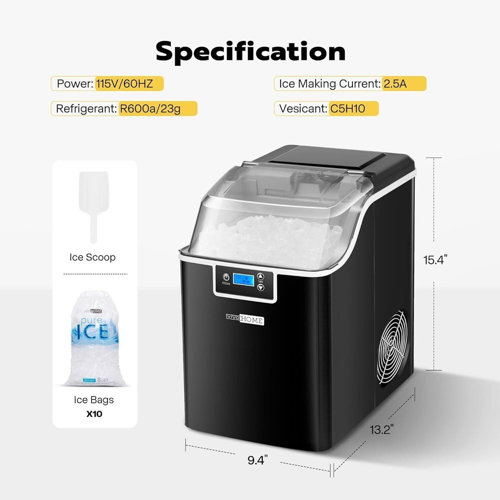 44lbs/Day Electric Chewable Nugget Ice Cube Maker Machine Self-Clean Function