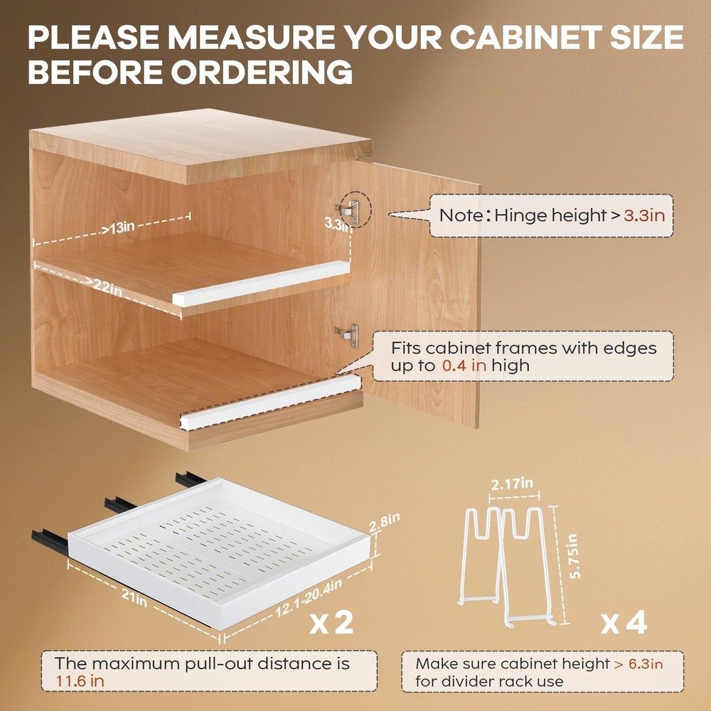 2 Pack Pull out Cabinet Organizer 21"Deep With Raising Pad for Framed Cabinet...
