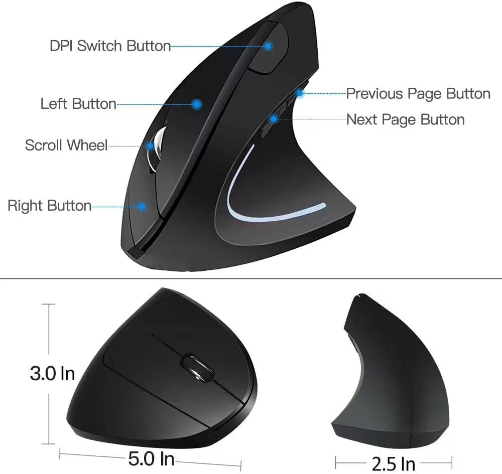 Ergonomic Mouse 2.4G Optical Wireless Vertical Mouse with 6 Buttons - 3 Adjus...
