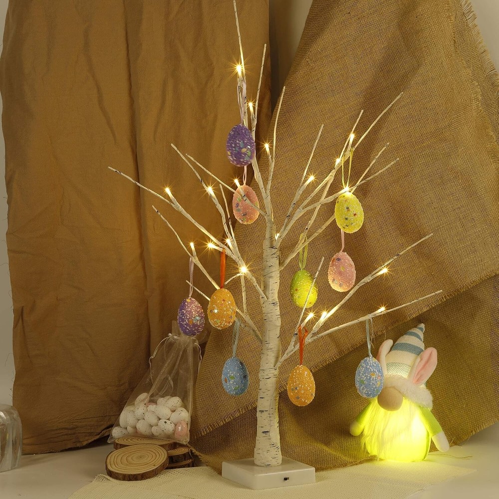 Easter Decorations 24 Inch Pre-Lit White Birch Tree with 10 Hanging Easter Egg