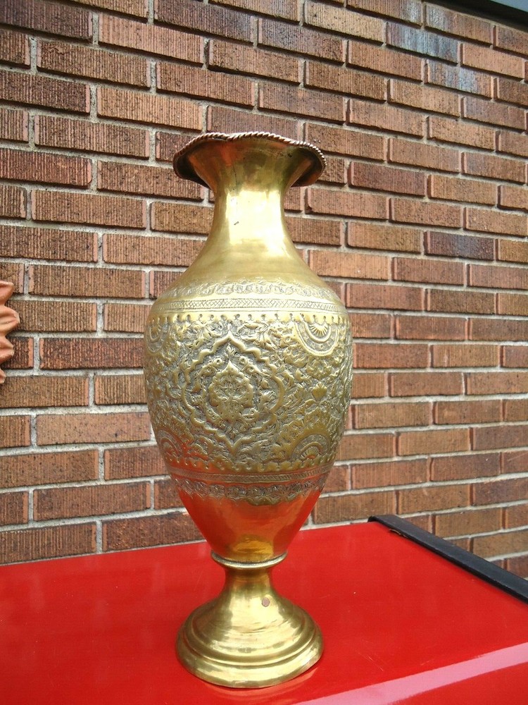 MIDDLE EASTERN BRASS VASE / URN REPOUSSE & CHASED 14 1/4 "