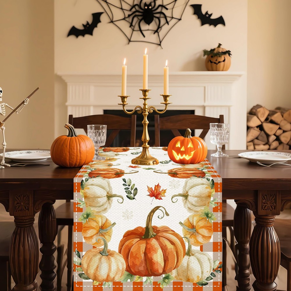 Pumpkin Fall Table Runner, Autumn Thanksgiving Pumpkin Kitchen Dining Table D...