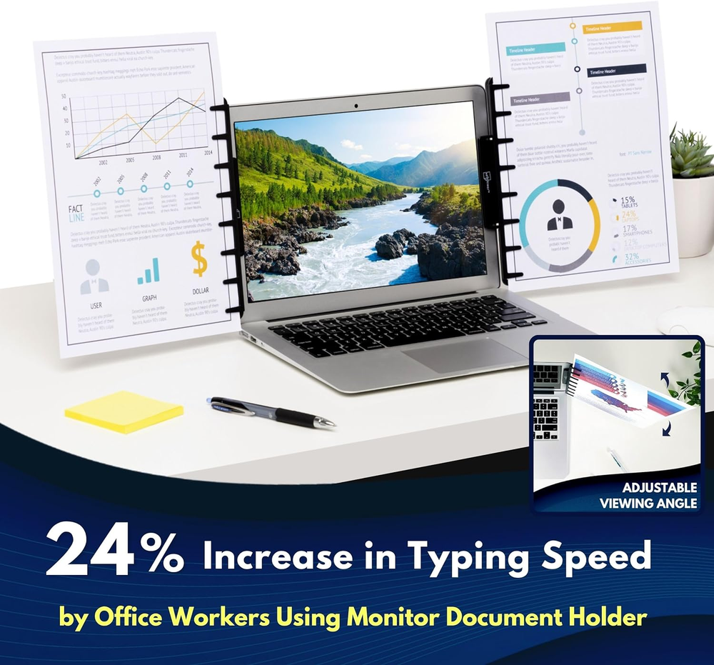 Monitor Document Holder: Clips to Laptops & Monitors, Reduces Eye Strain, Black