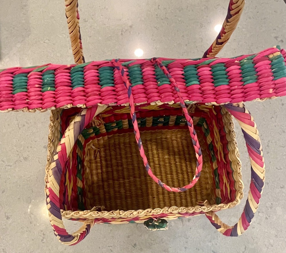 Handmade Woven Multicolor Straw Basket Made In Mexico