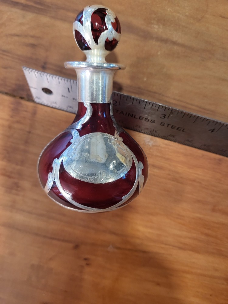 Sterling Silver Antique Silver Overlay RUBY CRANBERRY PERFUME BOTTLE 4"