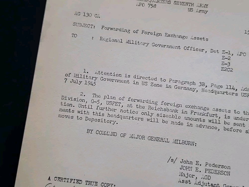 1945 Germany WWII US Army War Military Document Forward Foreign Exchange Assets
