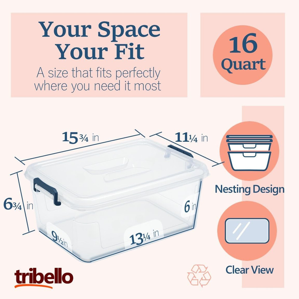 Plastic Storage Bins with Lids, Clear Stackable Storage Containers - 16 Qt - 2 P