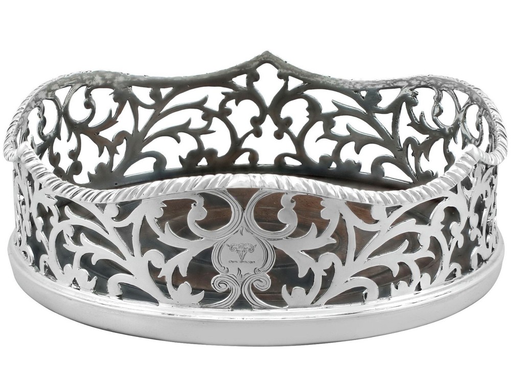 Antique Victorian Sterling Silver and Walnut Wood Coasters