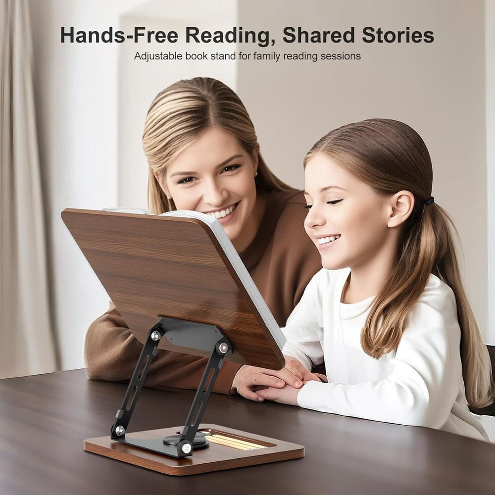 Book Stand for Reading, 360° Rotating Hands Free Book Holder, Adjustable Height