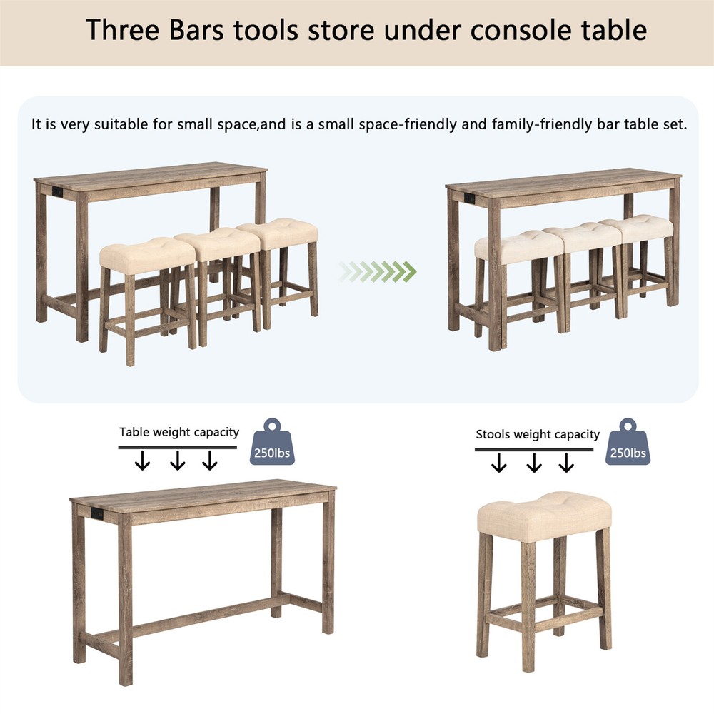 4 Piece Bar Table Set Counter Height Kitchen Dining Table with 3 Stools US