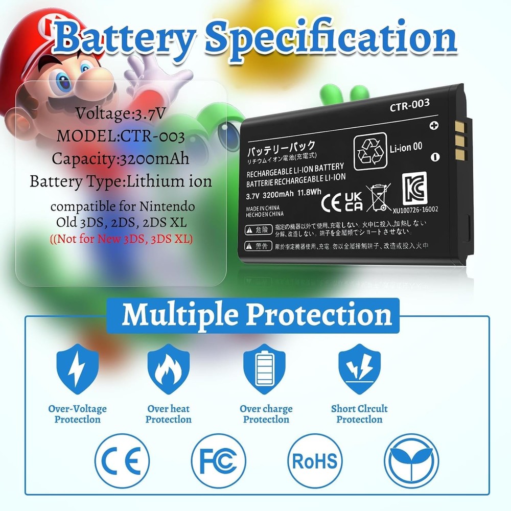 2 Pack 3DS Battery Pack 3200mAh 2026 New Upgraded CTR 003 Battery Replacement