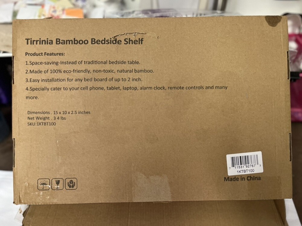 Tirrinia Bamboo Bedside Shelf Table & Felt Organizer NIB