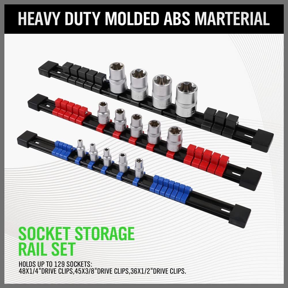 9pc Mountable Socket Organizer Rail Rack for 1/4, 3/8, 1/2 Drive Tools