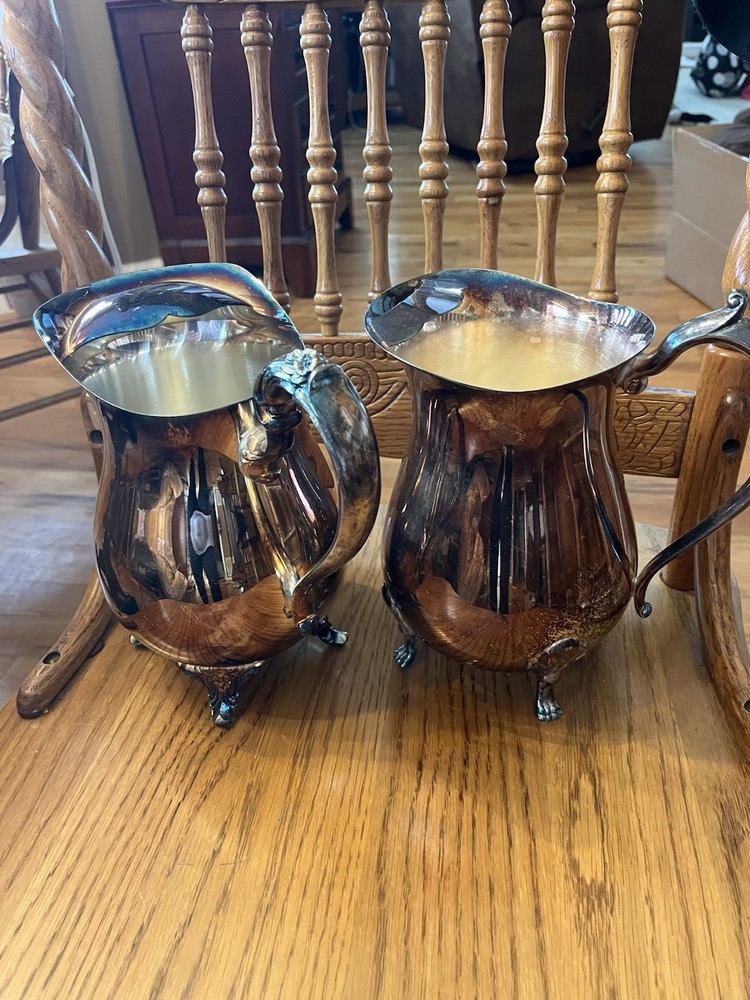 Victorian Silverplate Pitcher & Jug Set Ornate Handle Footed Design