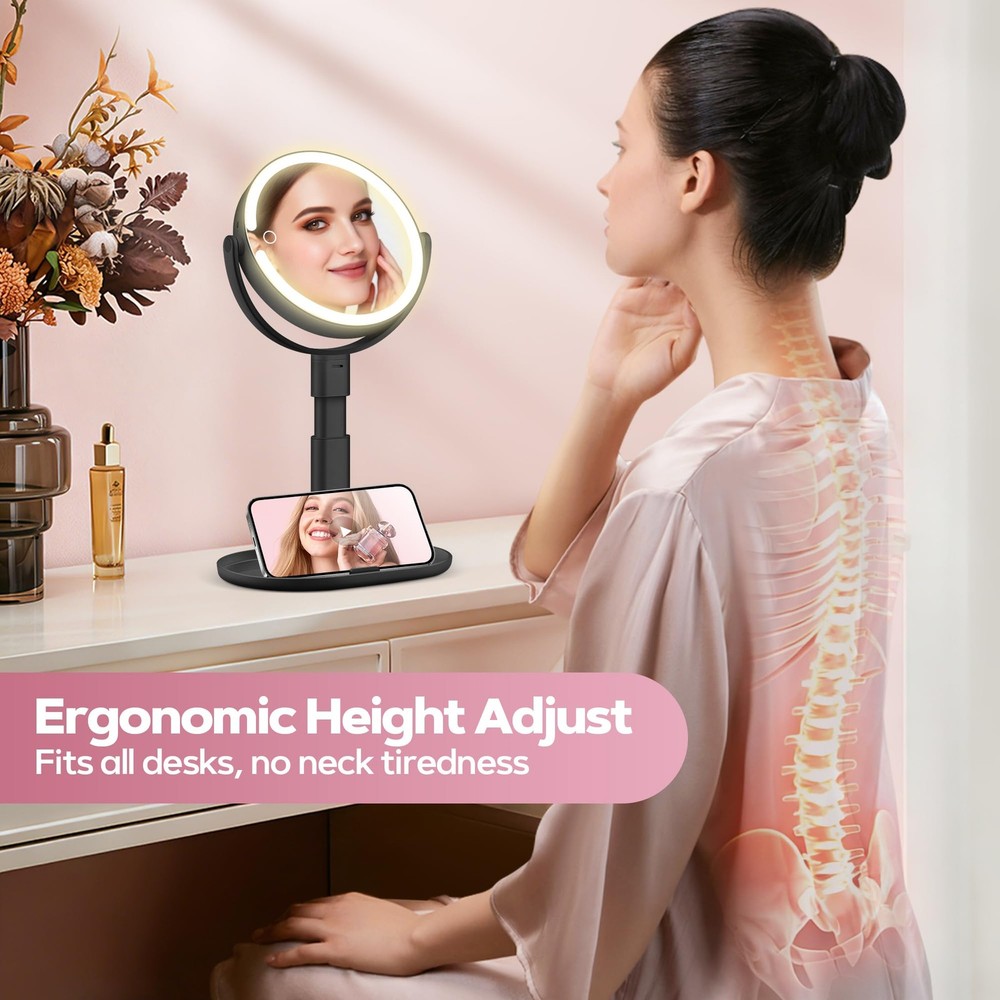 Makeup Mirror Lights 30X Magnifying Height Adjustable 3 Light Modes Dimming Blk