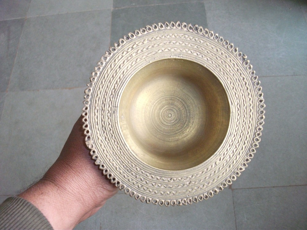 Vintage Brass Handcrafted Lines Engraved Unique Shape Solid Bowl