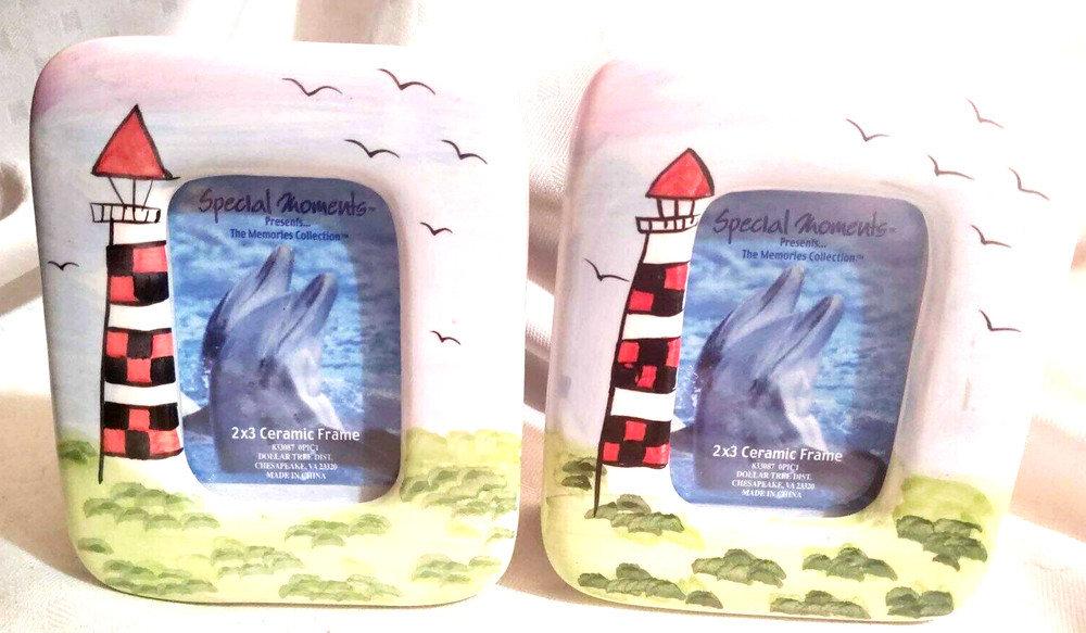 2 Matching Table Frames Easels Ceramic Lighthouses 2" X 3"