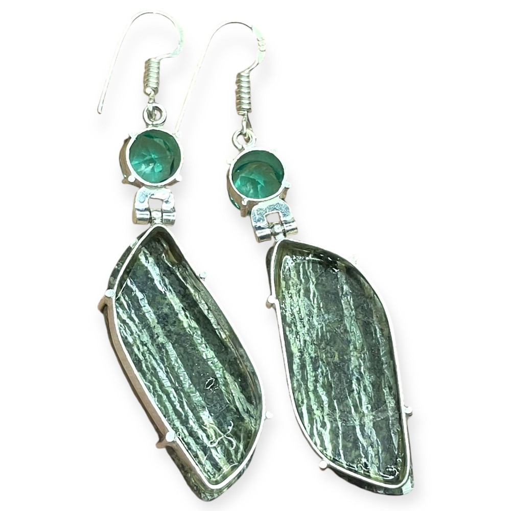 Boho Dangle Statement Rhinestone Acrylic & Silver Tone Teal Green 2.52" Earrings