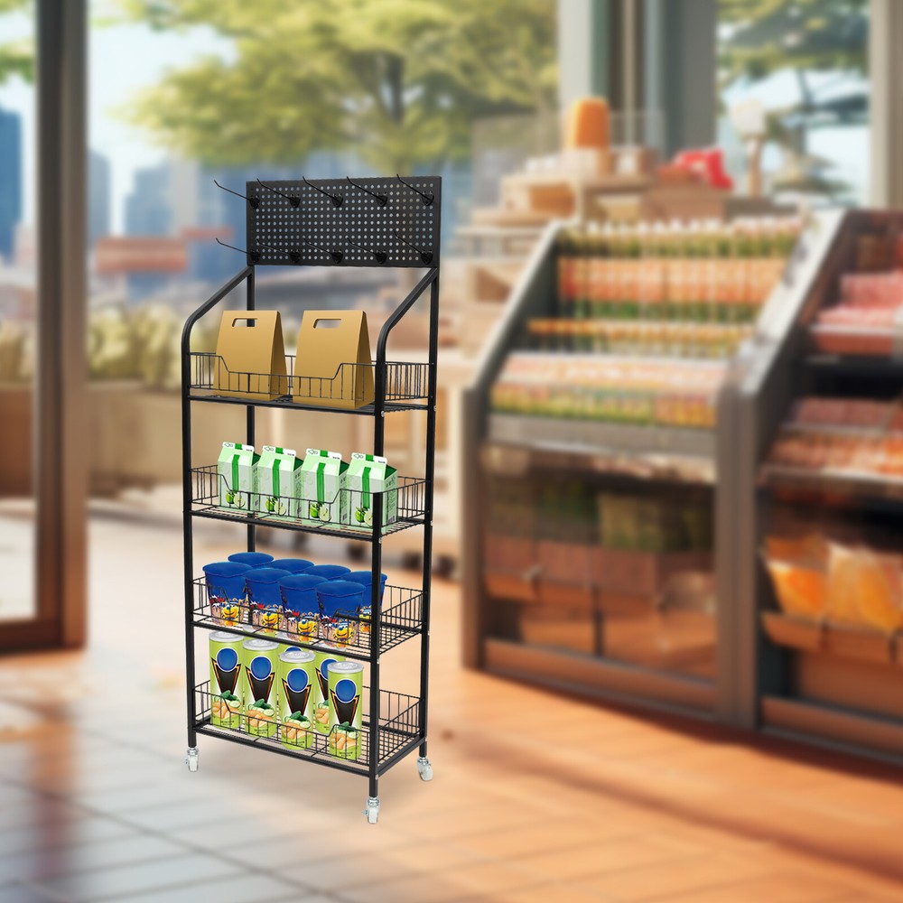 4-Tier Adjustable Rolling Snack Rack with Hanging Board - Freestanding Display