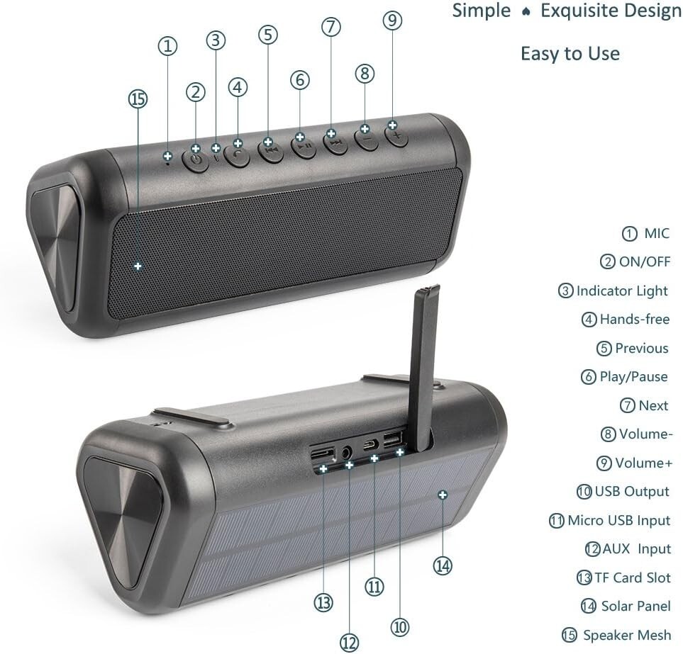 Solar Bluetooth Speaker, Wireless Waterproof Bluetooth Speaker