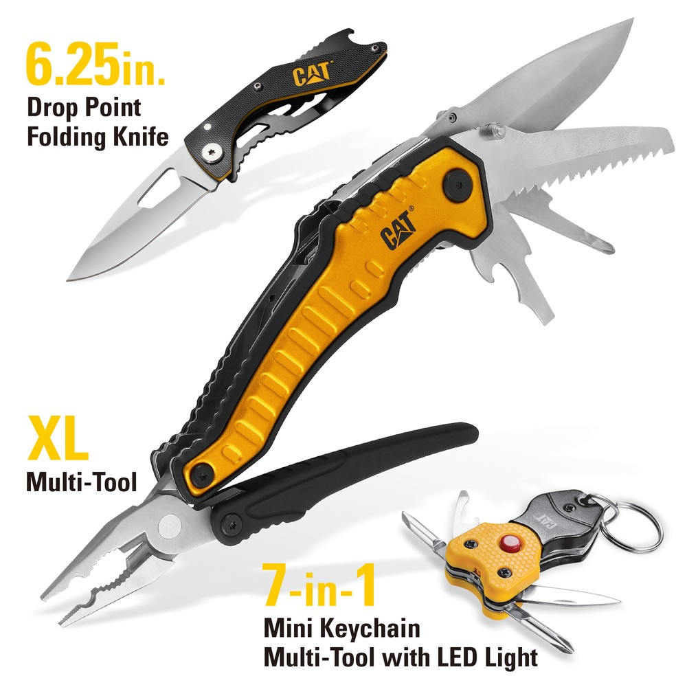 Cat 3 Piece 9-in-1 Multi Tool, Folding Knife and Lighted Key Chain Multi Tool