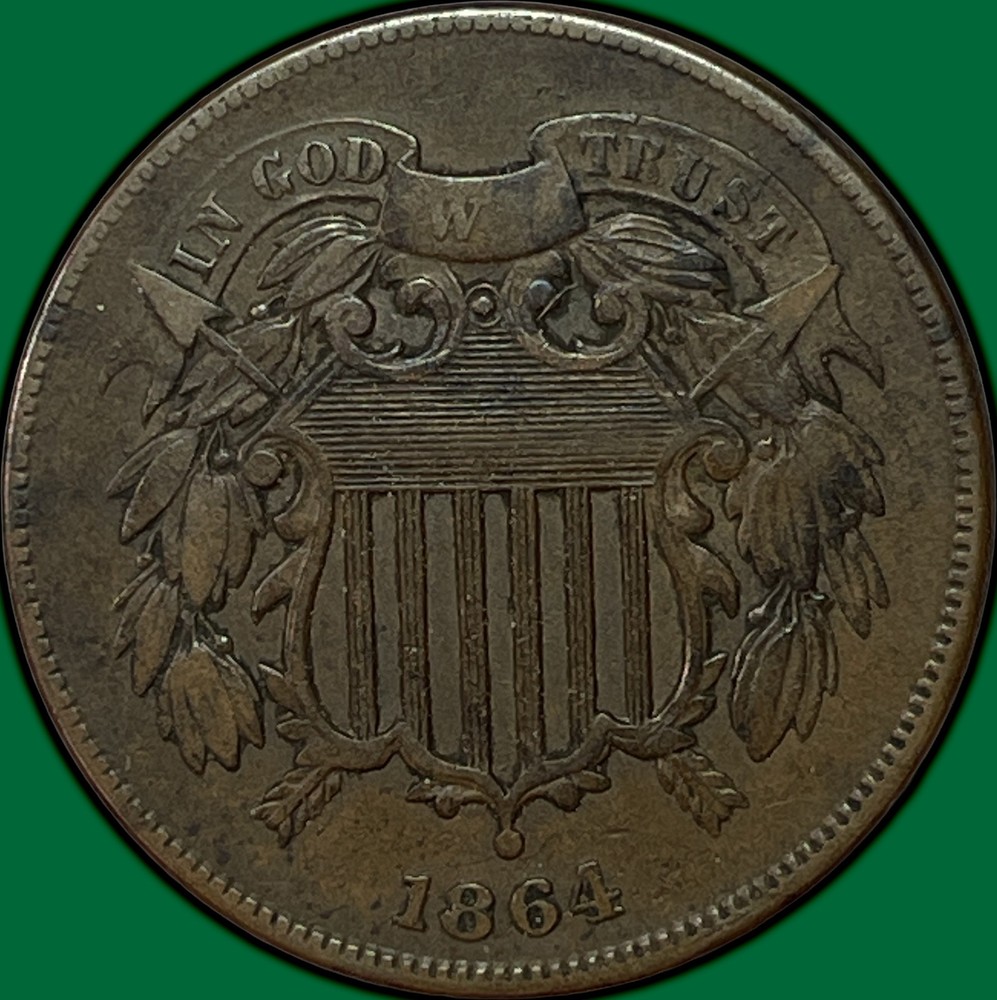 1864 Two Cent Piece Almost Uncirculated AU Coin, Greasy Die Error #38814