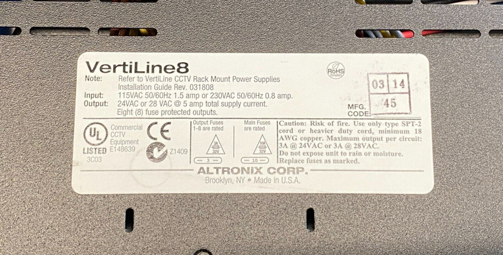 Altronix Vertiline 8 DC Rack Mount Power Supply