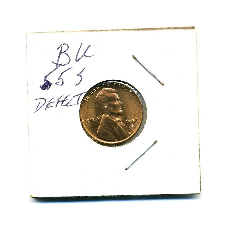 1955-S Lincoln Wheat Penny BU With Bubble In "5" Error Defect