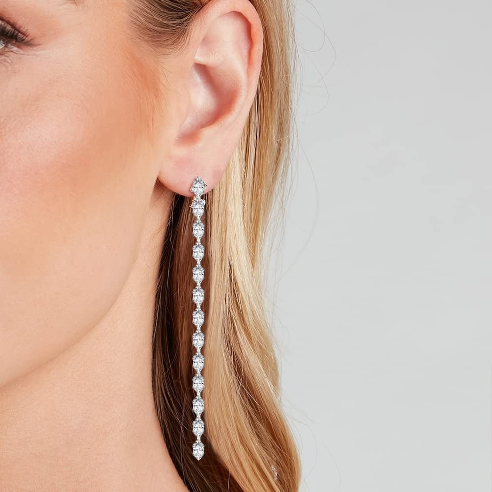 Silver Long Crystal Line Teardrop Earrings Rhinestone Statement Chain Dangle ...