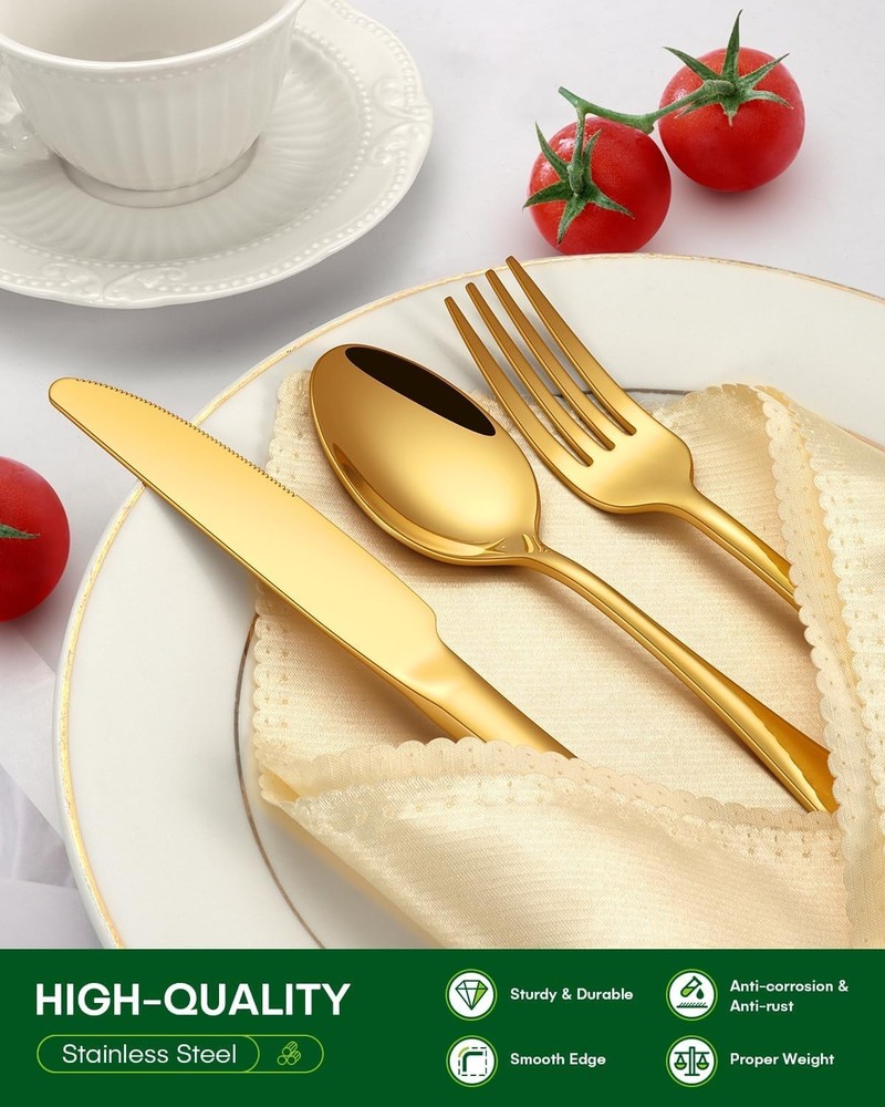 Rust-Resistant 20-Piece Gold Silverware for 4: Includes Knives, Forks, Spoons