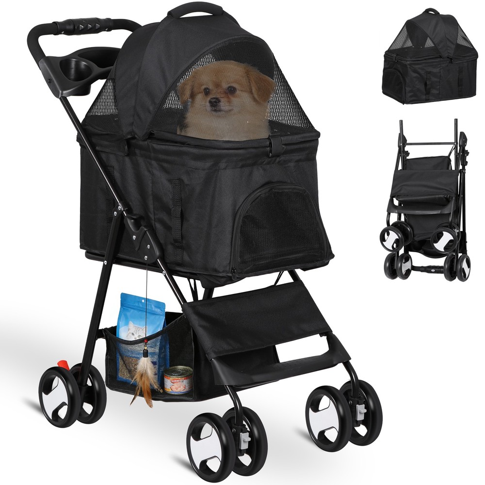Dog Stroller Cat Stroller 3-in-1 Multifunctional with 4 Wheels Black Foldable