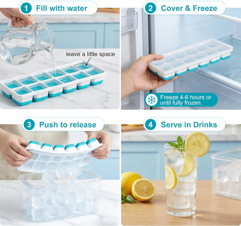 Ice Cube Tray with Lid & Bin - 4 Pack 48 Cubes Stackable Silicone FREE SHIPPING