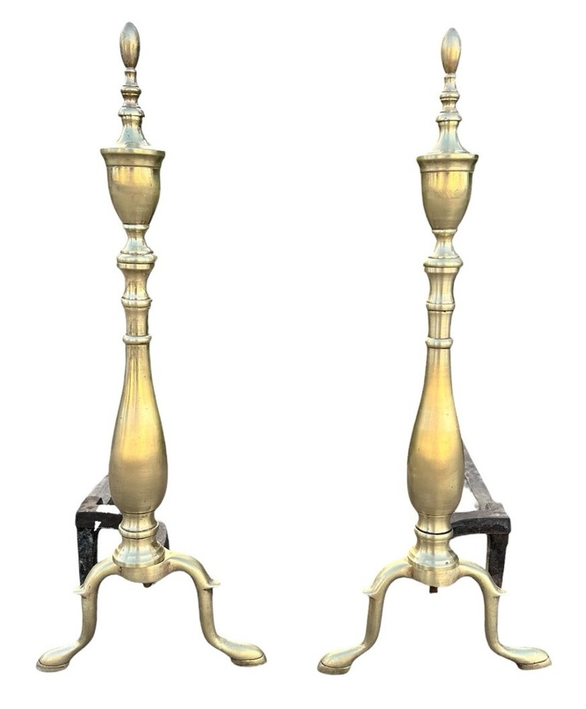 Vintage Solid Brass Andirons Pair 21” Colonial Fireplace Tool Polished