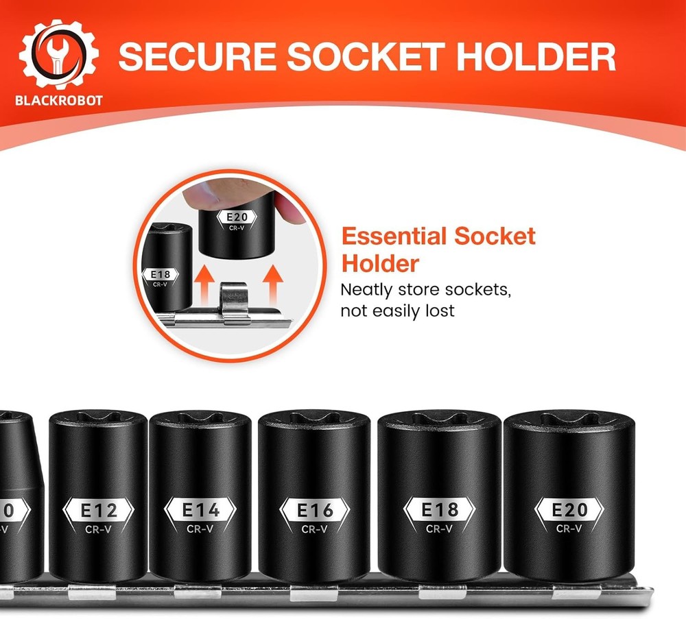 BLACKROBOT E Torx & Star Socket Set With Rail, 11-Piece Female External Sockets,