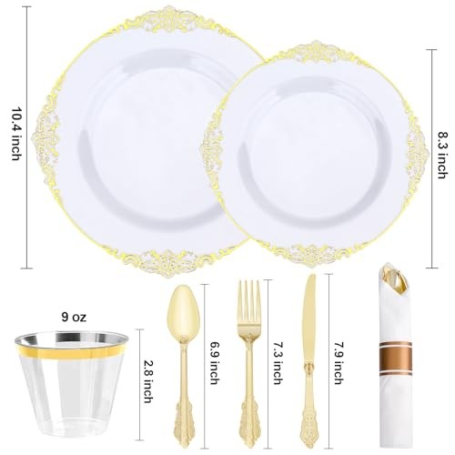3PCS and Gold Plastic Plates, Plastic Dinnerware Set for Guests, 100 50 White