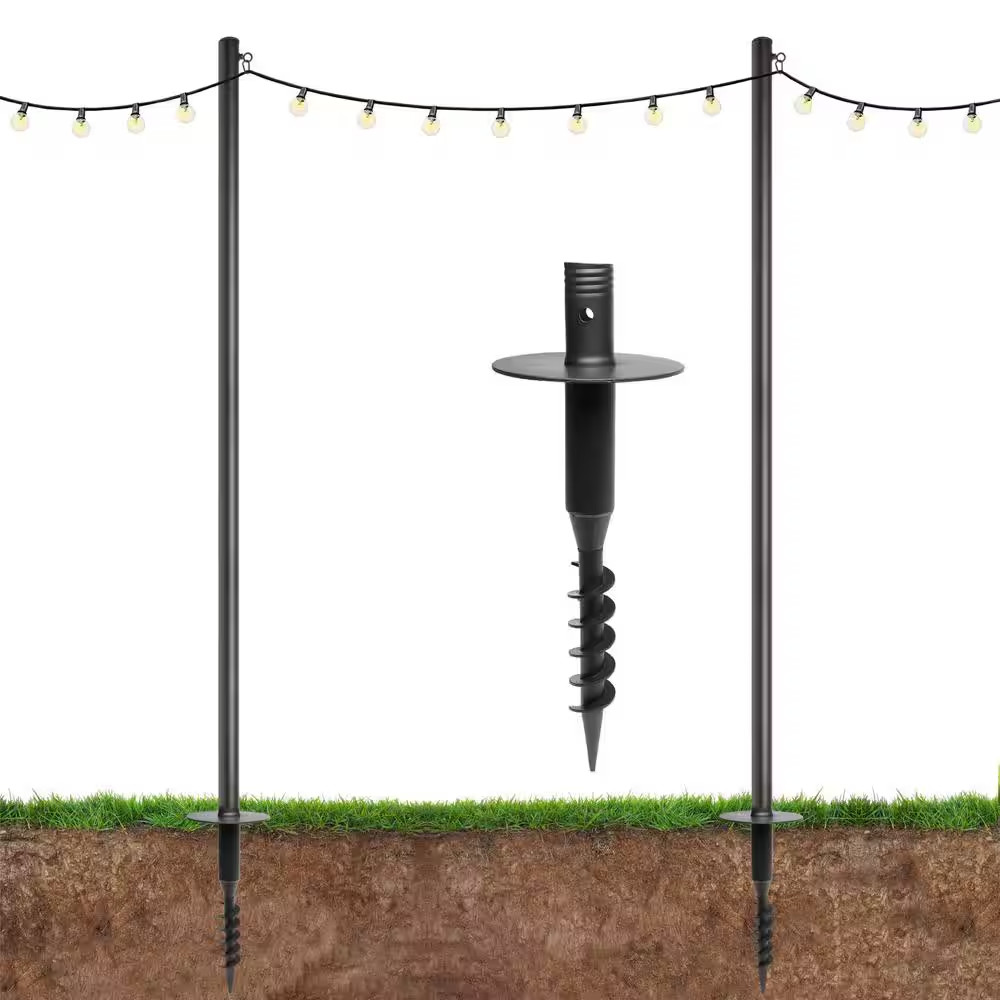 Two 10 Ft. Premium String Light Poles for Grass/Dirt, Black